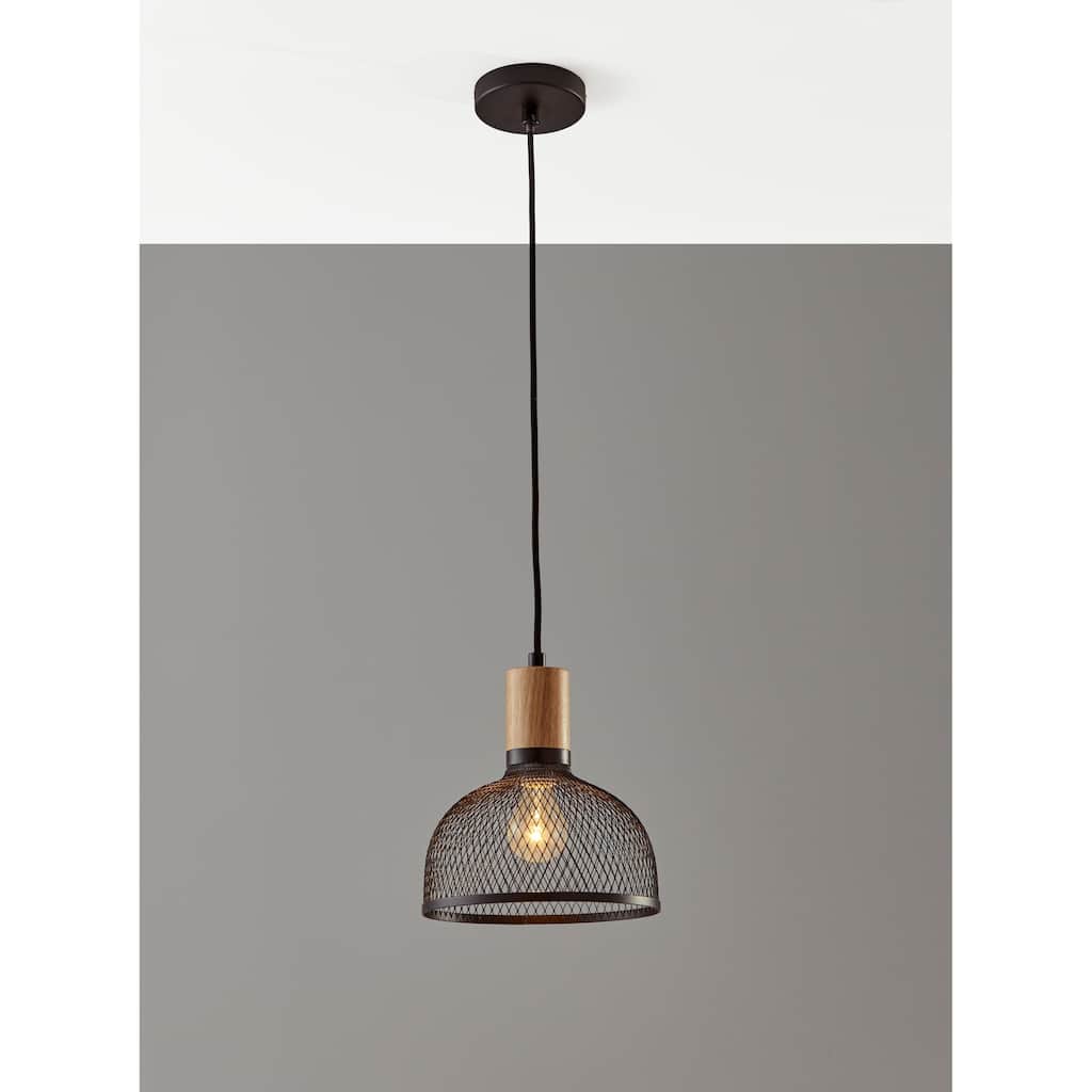 Carbon Loft Wiig Matte Black and Natural Rubber Wood Pendant Ceiling Light Small 10-inch