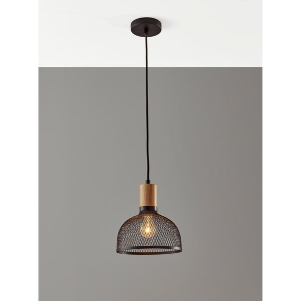 Carbon Loft Wiig Matte Black and Natural Rubber Wood Pendant Ceiling Light Small 10-inch