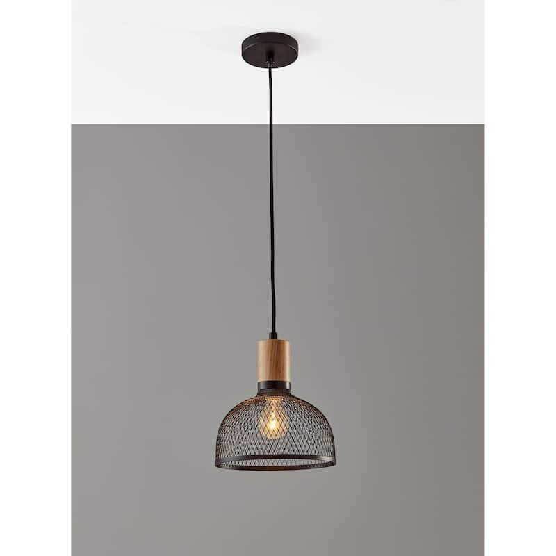 Carbon Loft Wiig Matte Black and Natural Rubber Wood Pendant Ceiling Light Small 10-inch
