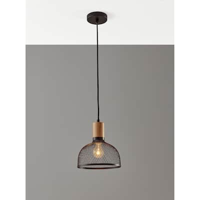 Carbon Loft Wiig Matte Black and Natural Rubber Wood Pendant Ceiling Light Small 10-inch