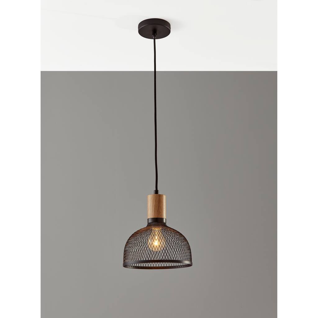 Carbon Loft Wiig Matte Black and Natural Rubber Wood Pendant Ceiling Light Small 10-inch
