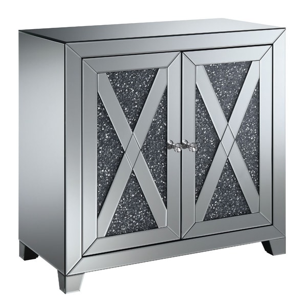 Acrylic Double Door Hallway Cabinet with Mirror Panels and Diamond Accent Pull Silver