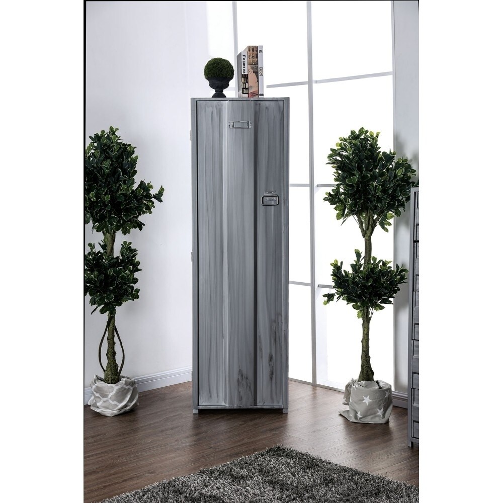 Benzara Contemporary Metal Locker Inspired Armoire with Two Shelves and Metal Pulls, Silver (Off-White)