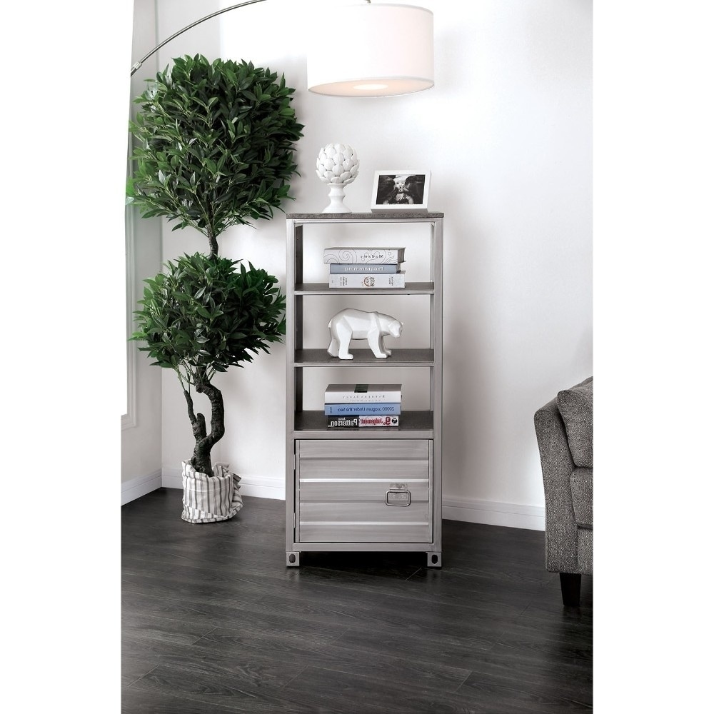 Benzara Metal Left Pier Cabinet with Three Shelves and Right Handled Door Storage, Silver (Off-White)