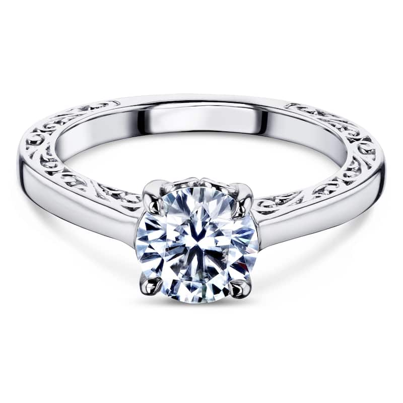 Annello by Kobelli 14k Gold One Carat Moissanite Solitaire Filigree Engraved Engagement Ring
