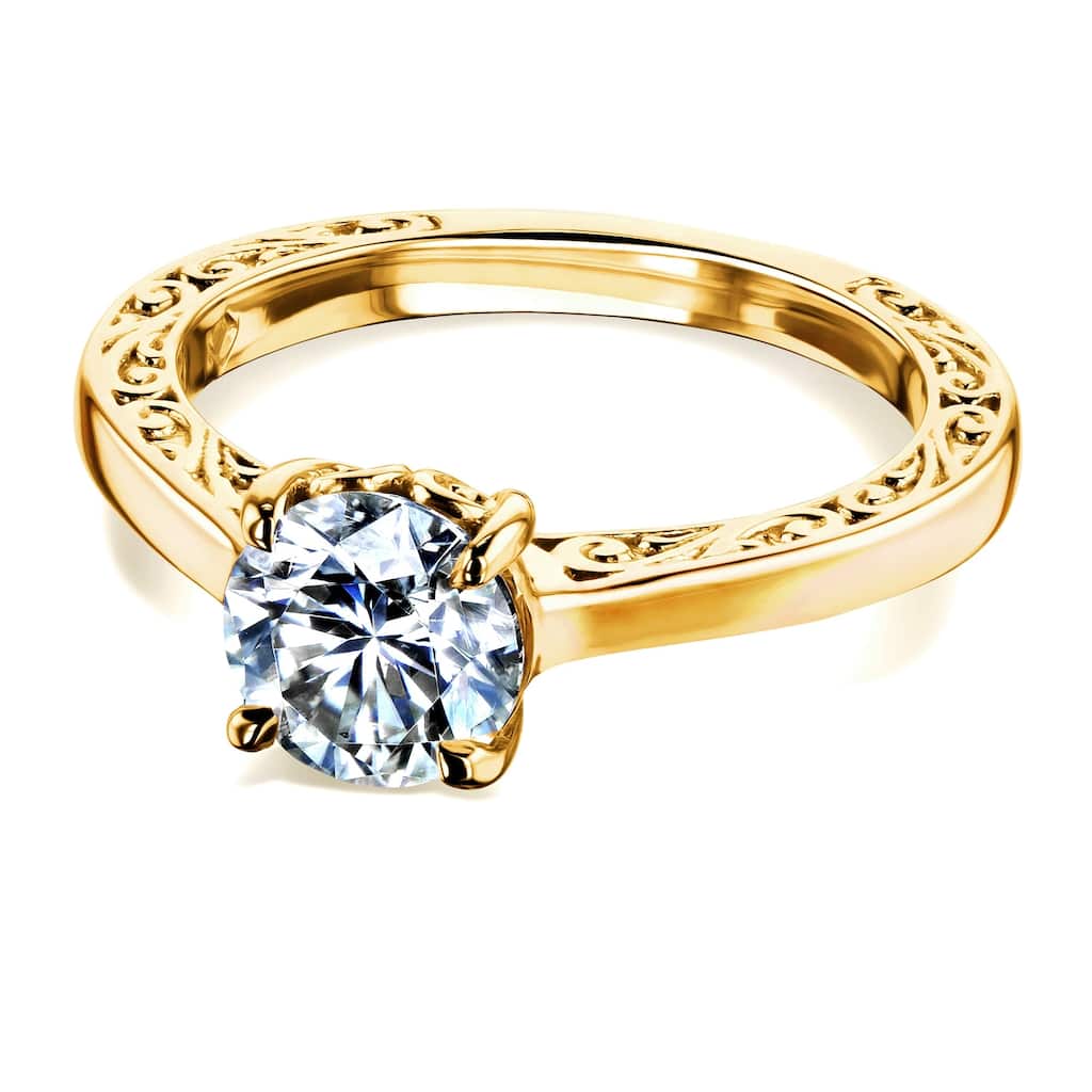 Kobelli 1 Carat Moissanite Solid 14k Gold Solitaire Filigree Engraved Ornate Shank Engagement Ring
