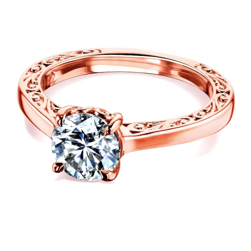Annello by Kobelli 14k Gold One Carat Forever One Moissanite Solitaire Filigree Engraved Engagement Ring (DEF/VS)