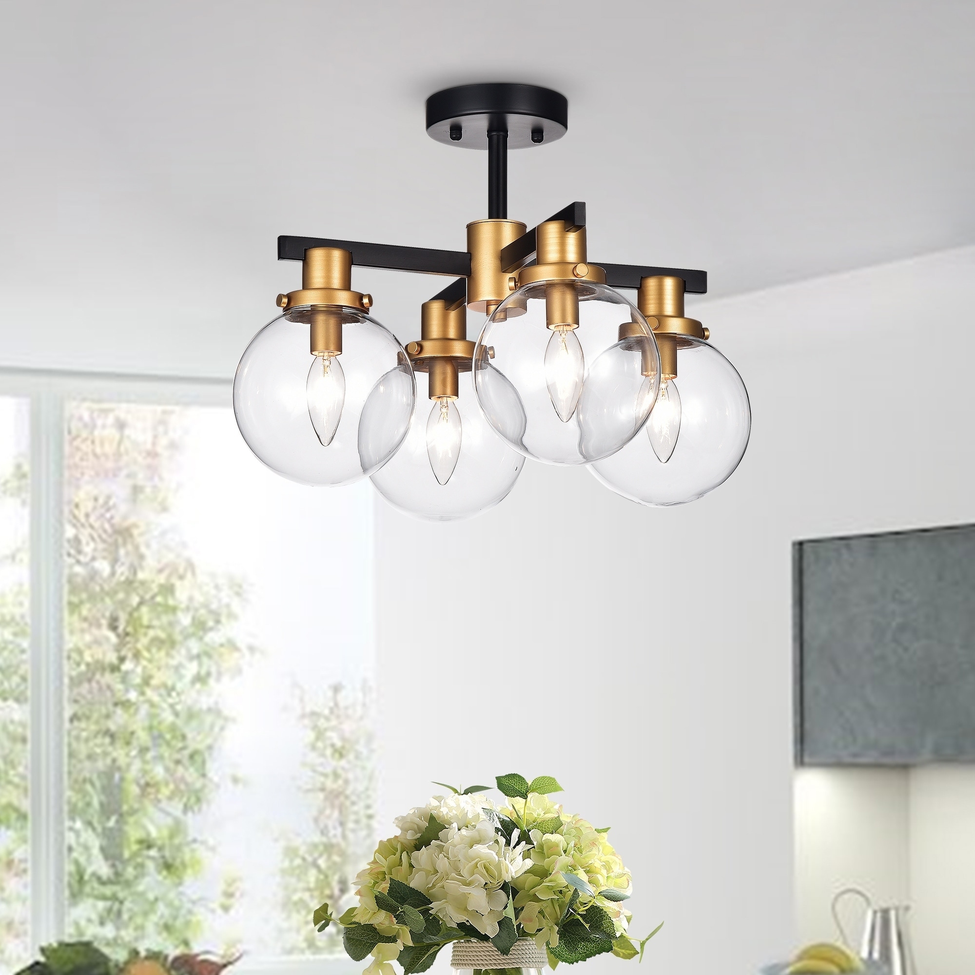 Warehouse of Tiffany Tegan Black & Gold 4-light Flushmount Ceiling Light with Glass Shades
