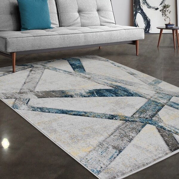 Allstar Rugs Gainsboro and Grey Hand Carved Linear Rectangular Area Rug with Turquoise Design - 4' 11" x 7' 0"