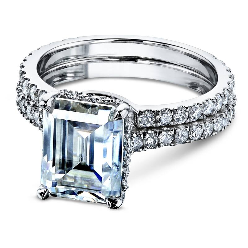 Annello by Kobelli 14k Gold 3 1/6ct TDW 9x7mm Emerald Moissanite and Diamond Drop Halo Bridal Rings Set (DEF/VS, GH/I)