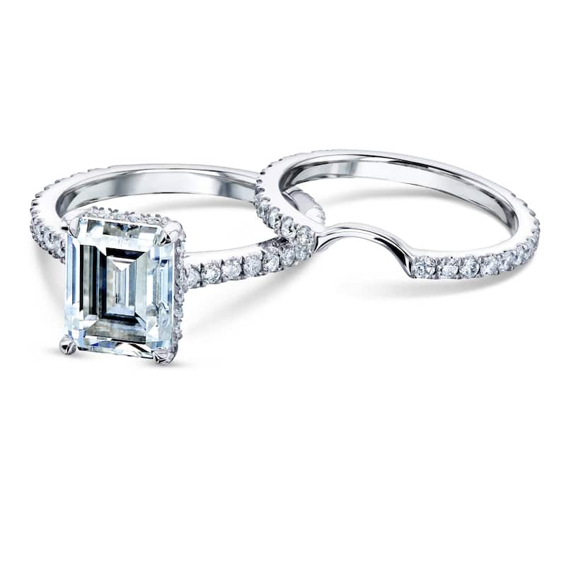 Annello by Kobelli 14k Gold 3 1/6ct TDW 9x7mm Emerald Moissanite and Diamond Drop Halo Bridal Rings Set (DEF/VS, GH/I)