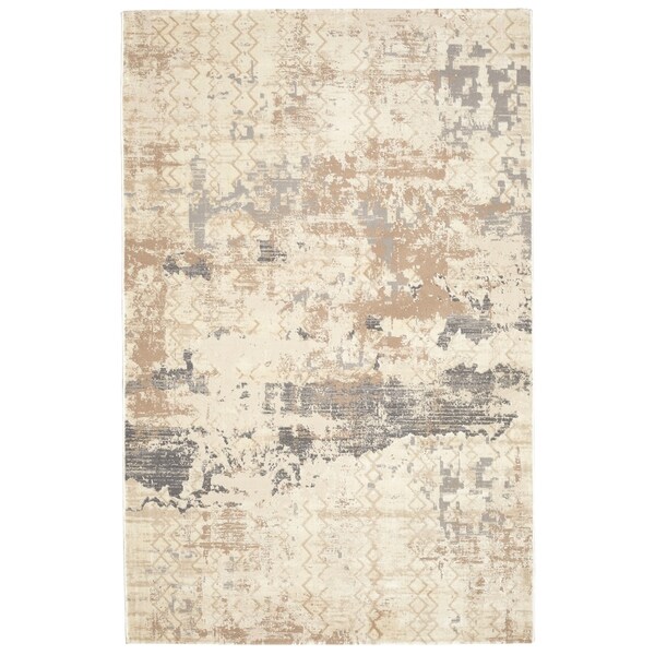 Textured Soft Polypropylene Abstract Grey Beige Rug