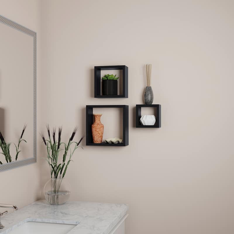 Floating Shelves- Cube Wall Shelf Set with Hidden Brackets, 3 Sizes by Lavish Home - Black