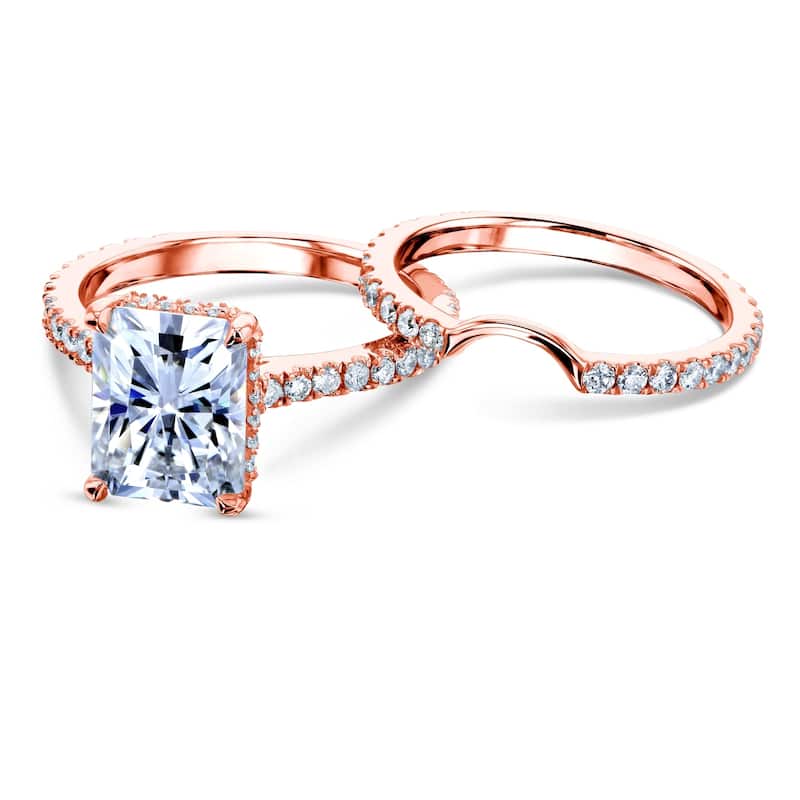 Annello by Kobelli 14k Gold 3 2/5ct TDW Radiant Moissanite and Diamond Drop Halo Bridal Ring Set