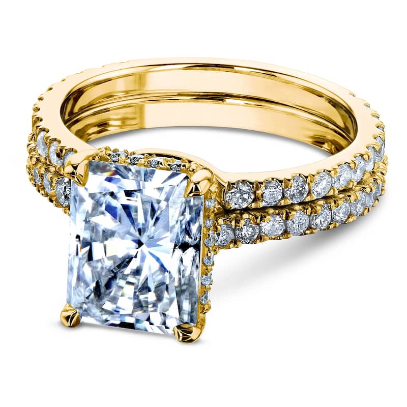 Annello by Kobelli 14k Gold 3 2/5ct TDW Radiant Moissanite and Diamond Drop Halo Bridal Ring Set