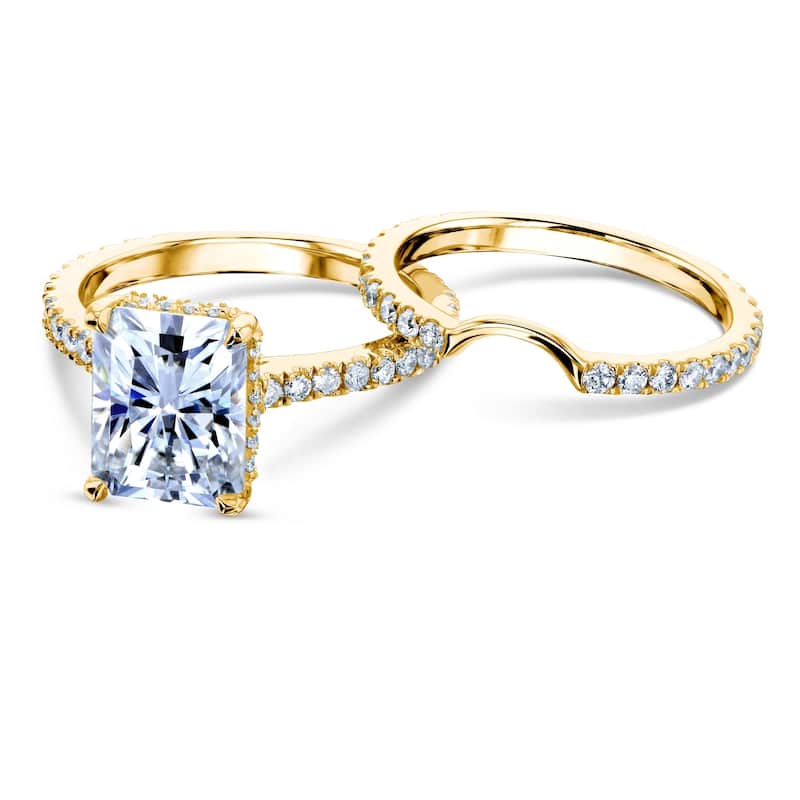 Annello by Kobelli 14k Gold 3 2/5ct TDW Radiant Moissanite and Diamond Drop Halo Bridal Ring Set