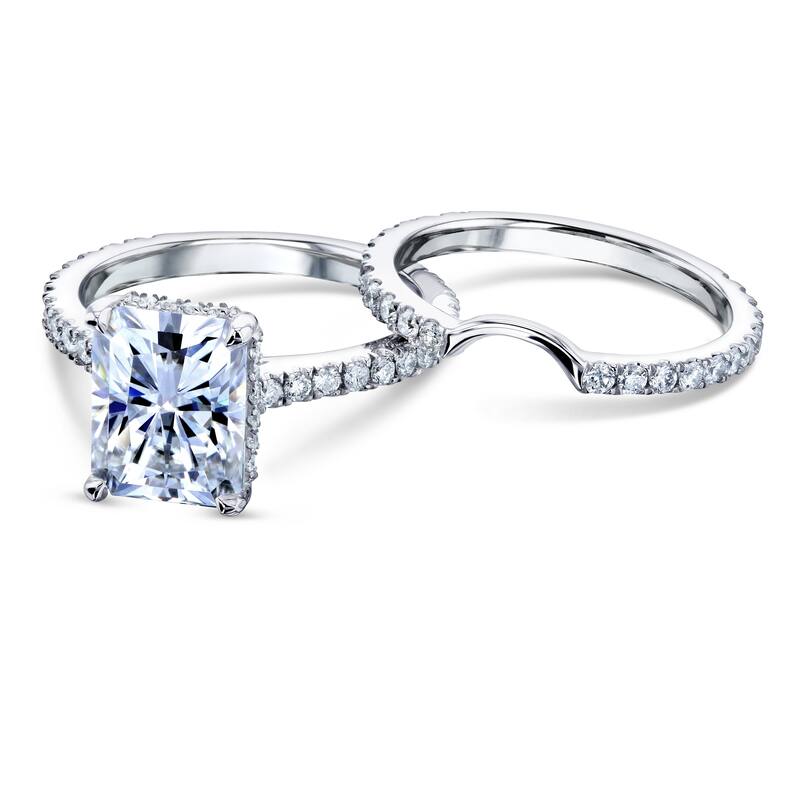 Annello by Kobelli 14k Gold 3 2/5ct TDW Radiant Moissanite and Diamond Drop Halo Bridal Ring Set