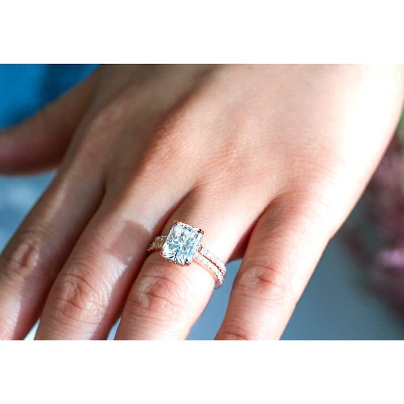 Annello by Kobelli 14k Gold 3 2/5ct TDW Radiant Moissanite and Diamond Drop Halo Bridal Ring Set