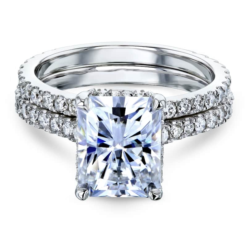 Annello by Kobelli 14k Gold 3 2/5ct TDW Moissanite and Diamond Drop Halo Bridal Ring Set