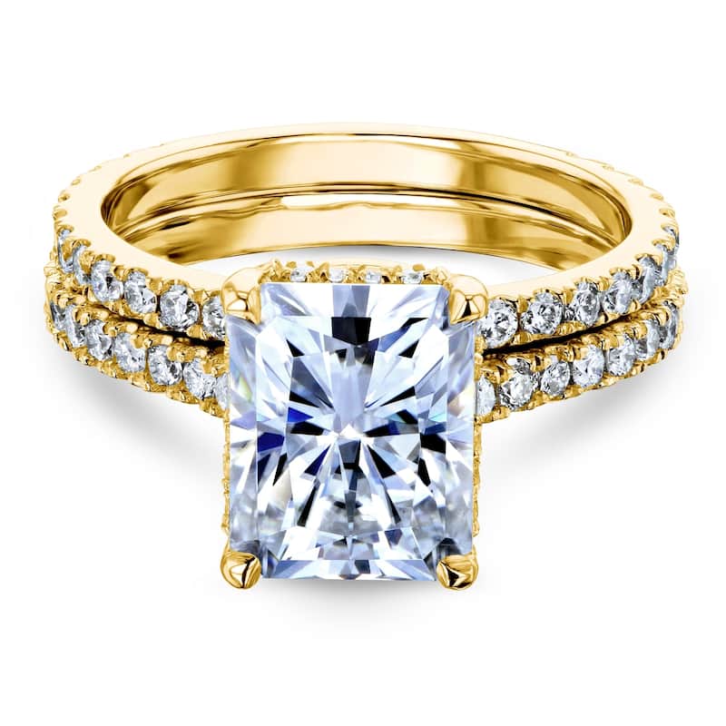Annello by Kobelli 14k Gold 3 2/5ct TDW Moissanite and Diamond Drop Halo Bridal Ring Set