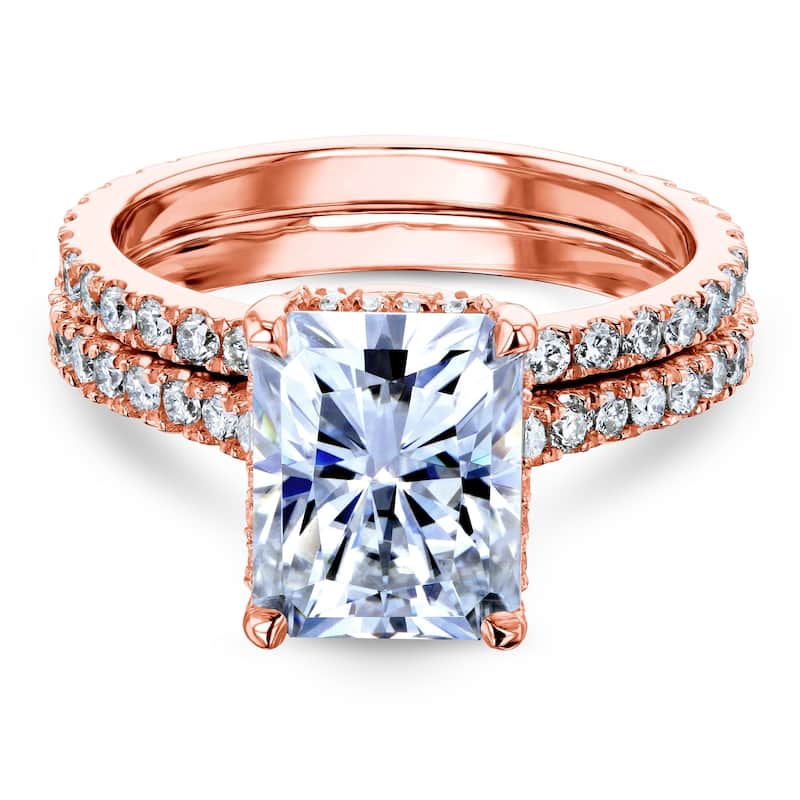 Annello by Kobelli 14k Gold 3 2/5ct TDW Moissanite and Diamond Drop Halo Bridal Ring Set