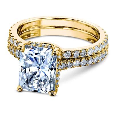 Annello by Kobelli 14k Gold 3 2/5ct TDW Moissanite and Diamond Drop Halo Bridal Ring Set