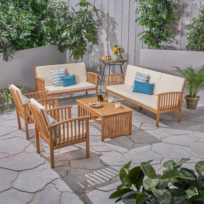 Carolina Outdoor 5-pc. Acacia Conversational Set by Christopher Knight Home - Teak + Cream Cushion