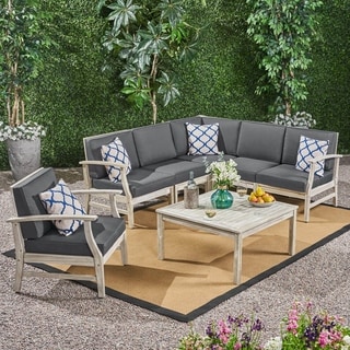 Perla Outdoor 7 Piece Acacia Wood Sectional Sofa and Club Chair Set by Christopher Knight Home