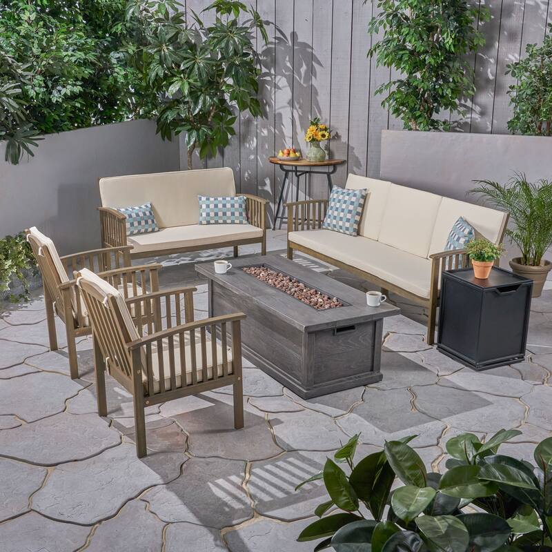 Carolina Outdoor 6 Piece Acacia Wood Conversational Set with Fire Pit by Christopher Knight Home