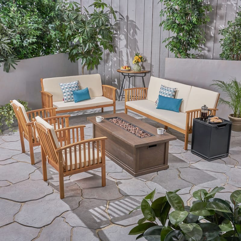 Carolina Outdoor 6 Piece Acacia Wood Conversational Set with Fire Pit by Christopher Knight Home - Teak + Brown + Cream Cushion