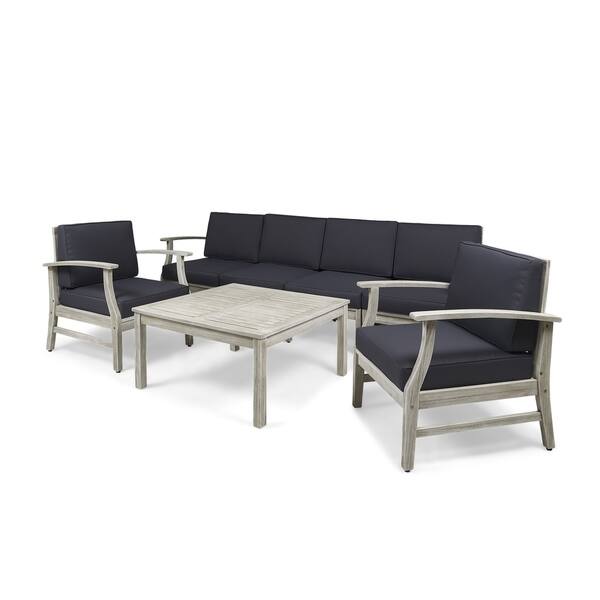 Perla Outdoor 7 Piece Acacia Wood Sofa and Club Chairs Set by
