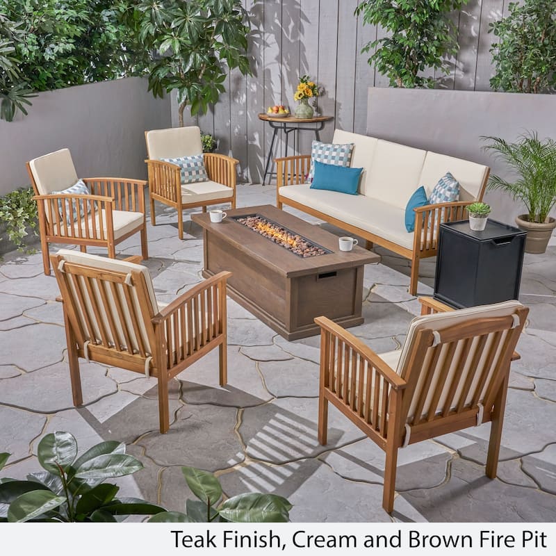 Carolina Outdoor 7 Piece Acacia Wood Chat Set with Fire Pit by Christopher Knight Home