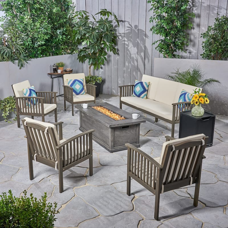 Carolina Outdoor 7 Piece Acacia Wood Chat Set with Fire Pit by Christopher Knight Home