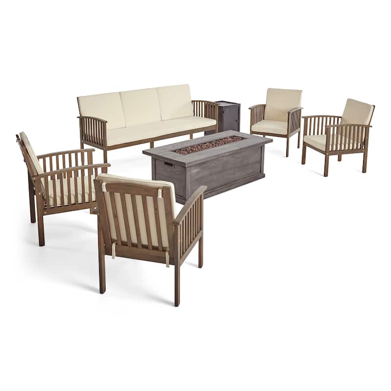 Carolina Outdoor 7 Piece Acacia Wood Chat Set with Fire Pit by Christopher Knight Home