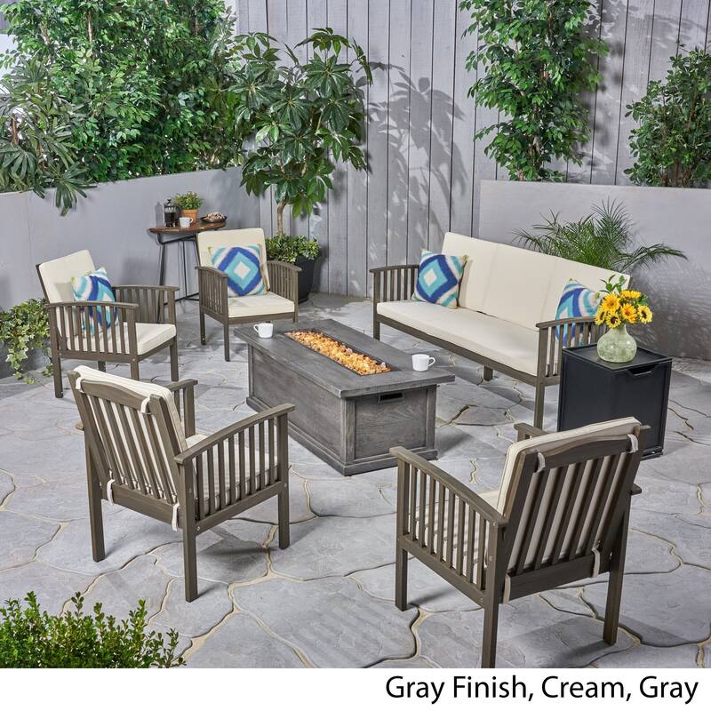 Carolina Outdoor 7 Piece Acacia Wood Chat Set with Fire Pit by Christopher Knight Home