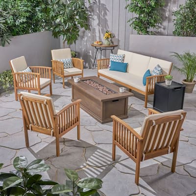 Carolina Outdoor 7 Piece Acacia Wood Chat Set with Fire Pit by Christopher Knight Home