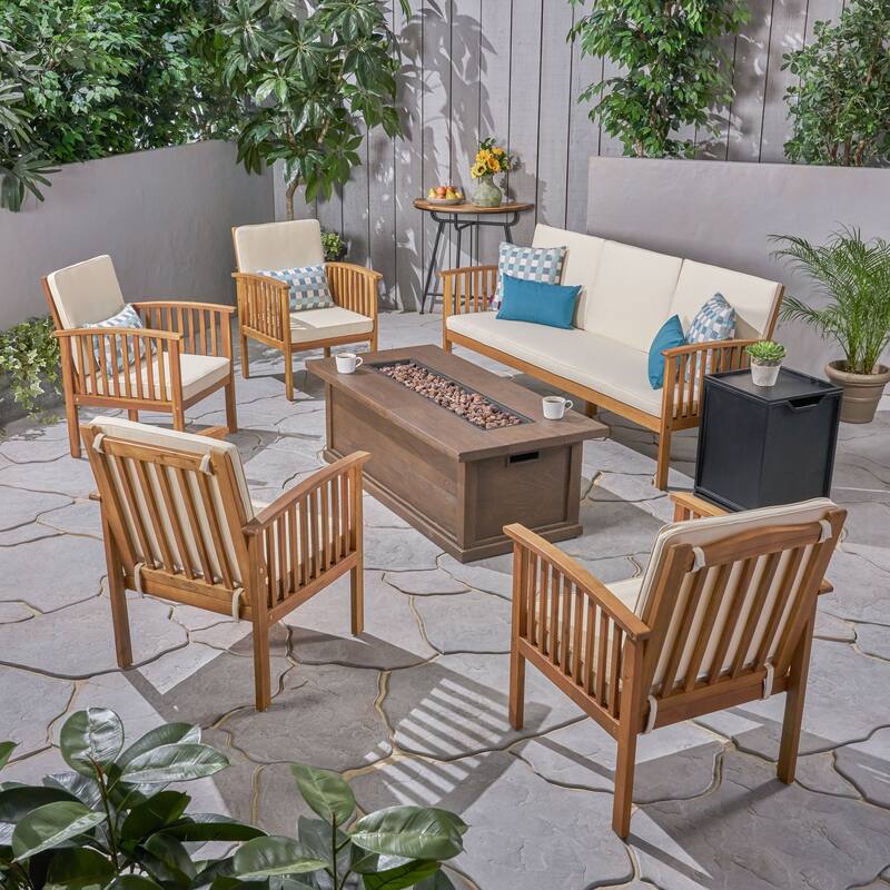 Carolina Outdoor 7 Piece Acacia Wood Chat Set with Fire Pit by Christopher Knight Home