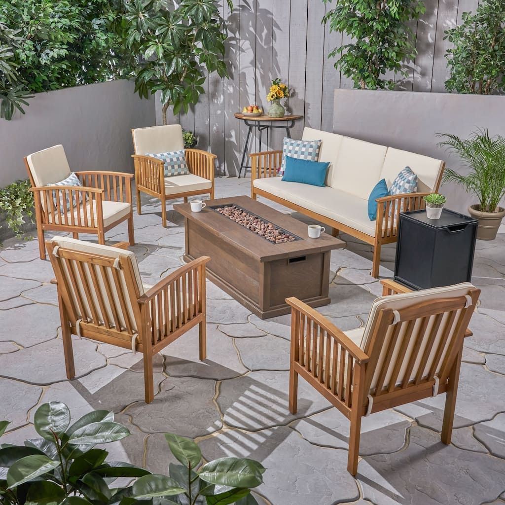 Carolina Outdoor 7 Piece Acacia Wood Chat Set with Fire Pit by Christopher Knight Home