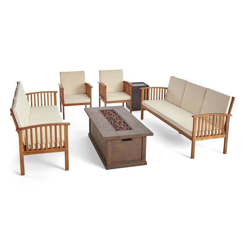 Carolina Outdoor 6 Piece Acacia Wood Sofa Conversational Set with Fire Pit by Christopher Knight Home