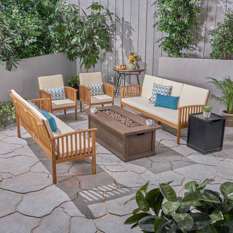 Carolina Outdoor 6 Piece Acacia Wood Sofa Conversational Set with Fire Pit by Christopher Knight Home - Teak + Brown + Cream Cushion