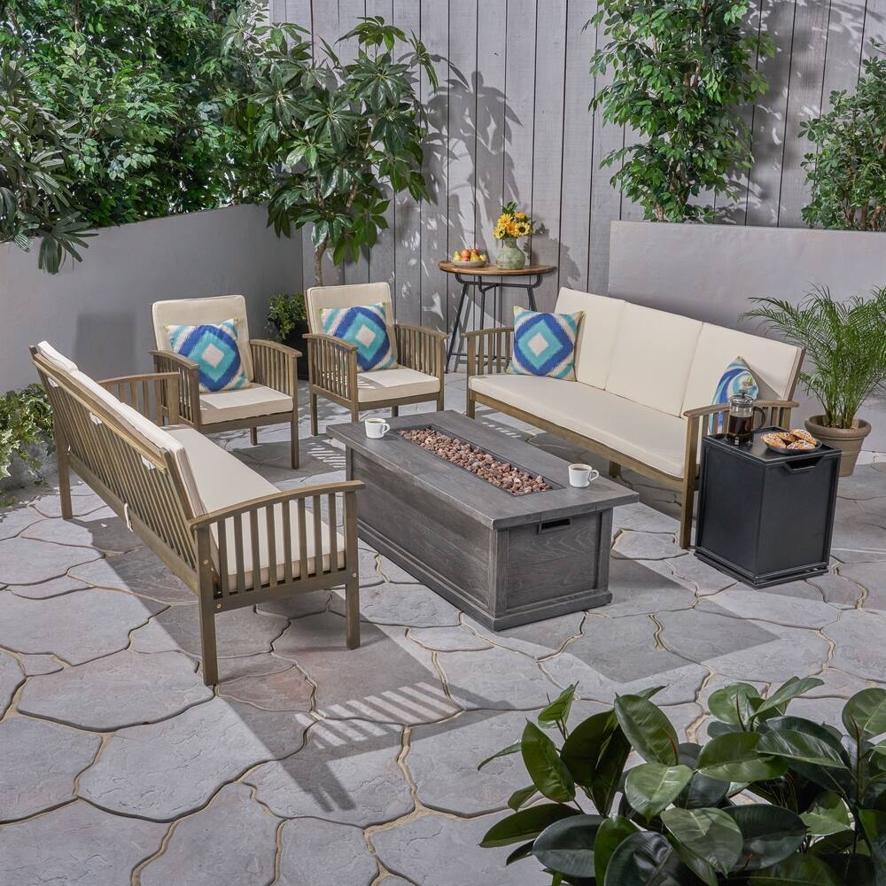 Carolina Outdoor 6 Piece Acacia Wood Sofa Conversational Set with Fire Pit by Christopher Knight Home