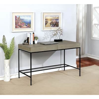 Industrial Wooden Desk with Two Drawer Storage and Metal Base, Gray and Black
