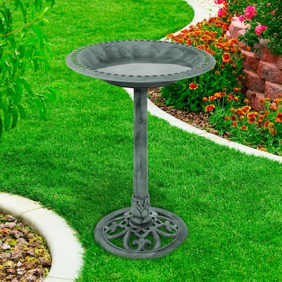 Antique Weather Resistant Resin Birdbath, Vintage Scroll Design, 3 Ground Stakes by Pure Garden