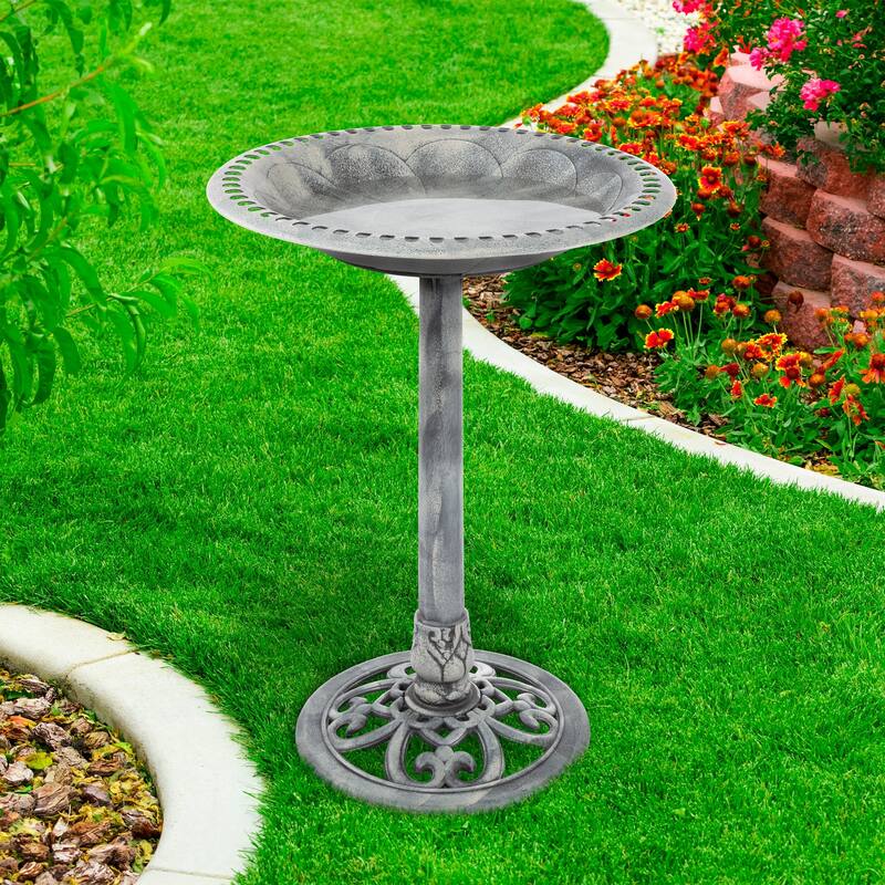Outdoor Antique-Style Bird Bath - Weather-Resistant Polyresin Basin with Vintage Design and Ground Stakes by Pure Garden - Grey