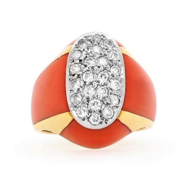 18K Yellow Gold Diamond Coral Vintage Cocktail Ring (H - I,SI1 - SI2) Size - 5.75. Opens flyout.