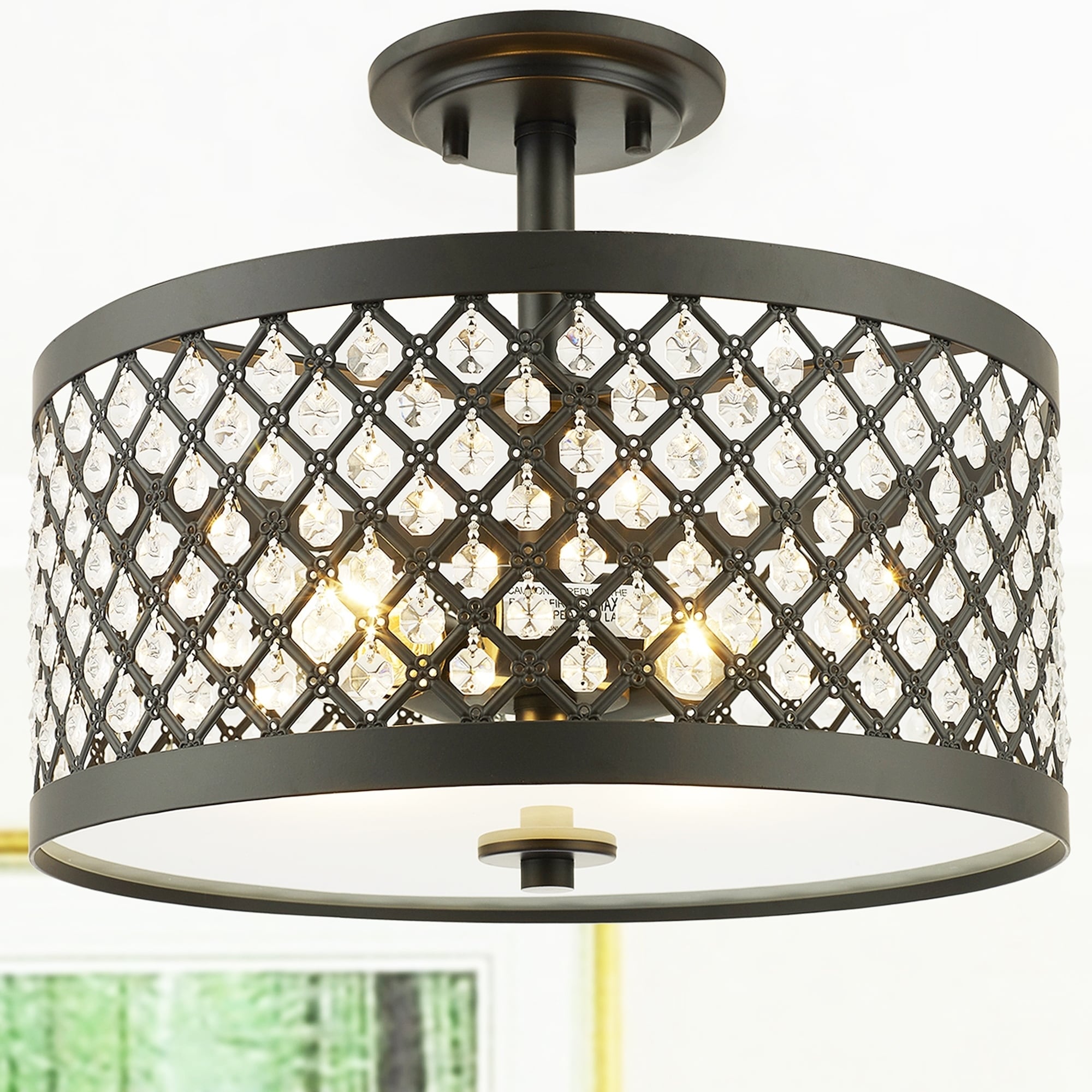 Shexel Oil Rubbed Bronze 3 Light Semi Flushmount Ceiling Lamp With Crystal Lattice Shade