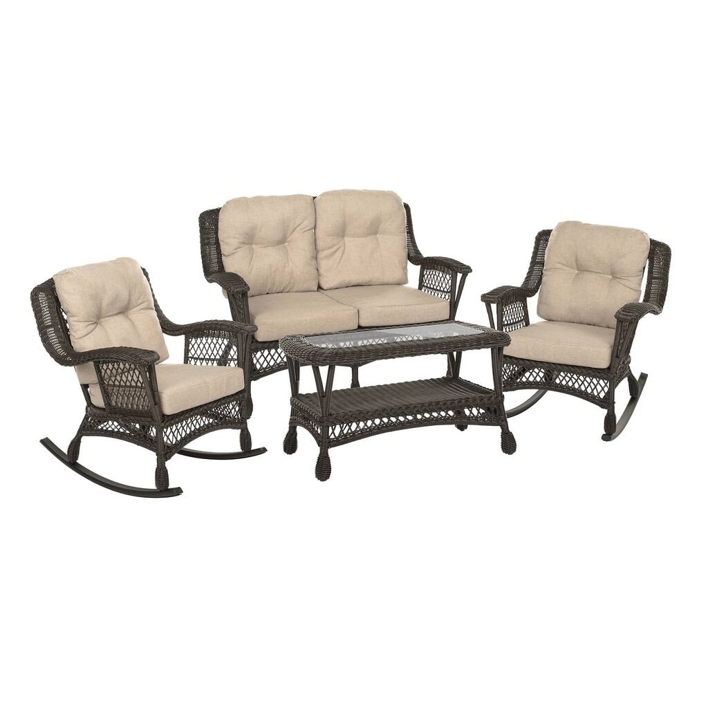 Outdoor Garden Patio 4 PC Cappuccino Furniture Conversation Set- 1 loveseat, 2 Rocking chair and 1 coffee table
