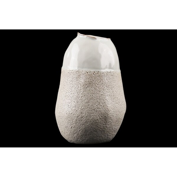 Urban Trends Ceramic Cocoon Shape Vase with Cream Gloss Top in Sponge Texture Design Body in Coated Finish, Large - Cream