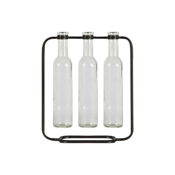 UTC59228: Metal Clustered Hanging Bud Vase with 3 Tall Glass Bottle Vases on Capsular Base Metallic Finish Gunmetal Gray