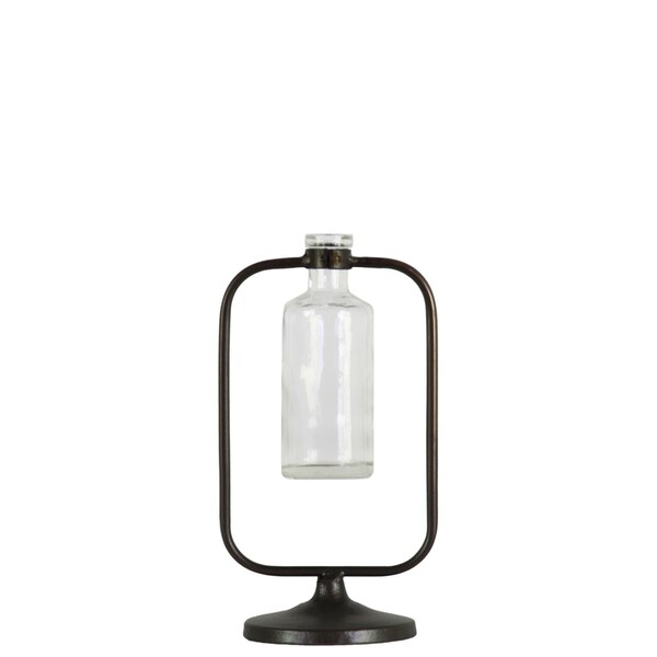 UTC59230: Metal Hanging Bud Vase with Short Glass Bottle Vase on Round Base Metallic Finish Gunmetal Gray